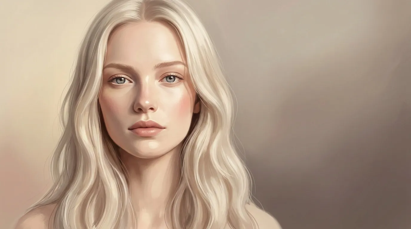 Femme aux longs cheveux blonds ondulés, regard serein