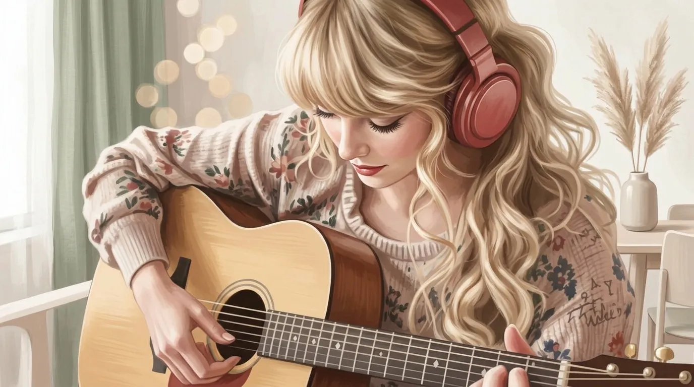 Femme blonde aux écouteurs jouant guitare acoustique