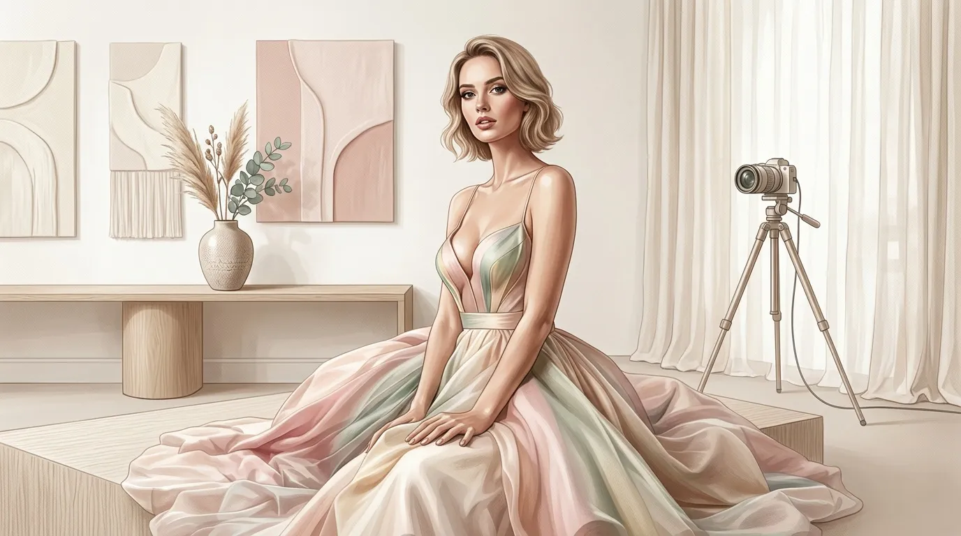 Femme en robe pastel posant pour photographe en studio
