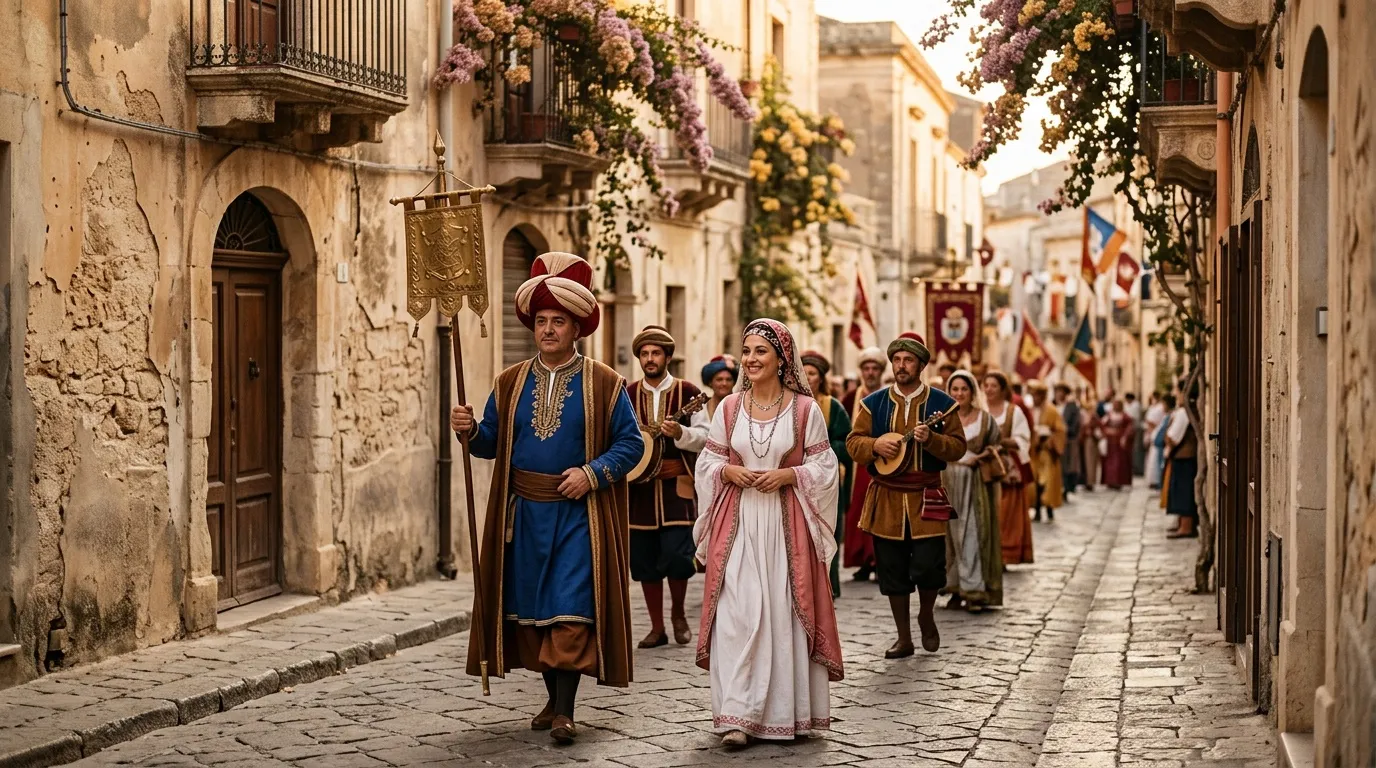 Cort&egrave;ge en costumes traditionnels dans une ruelle pav&eacute;e ancienne