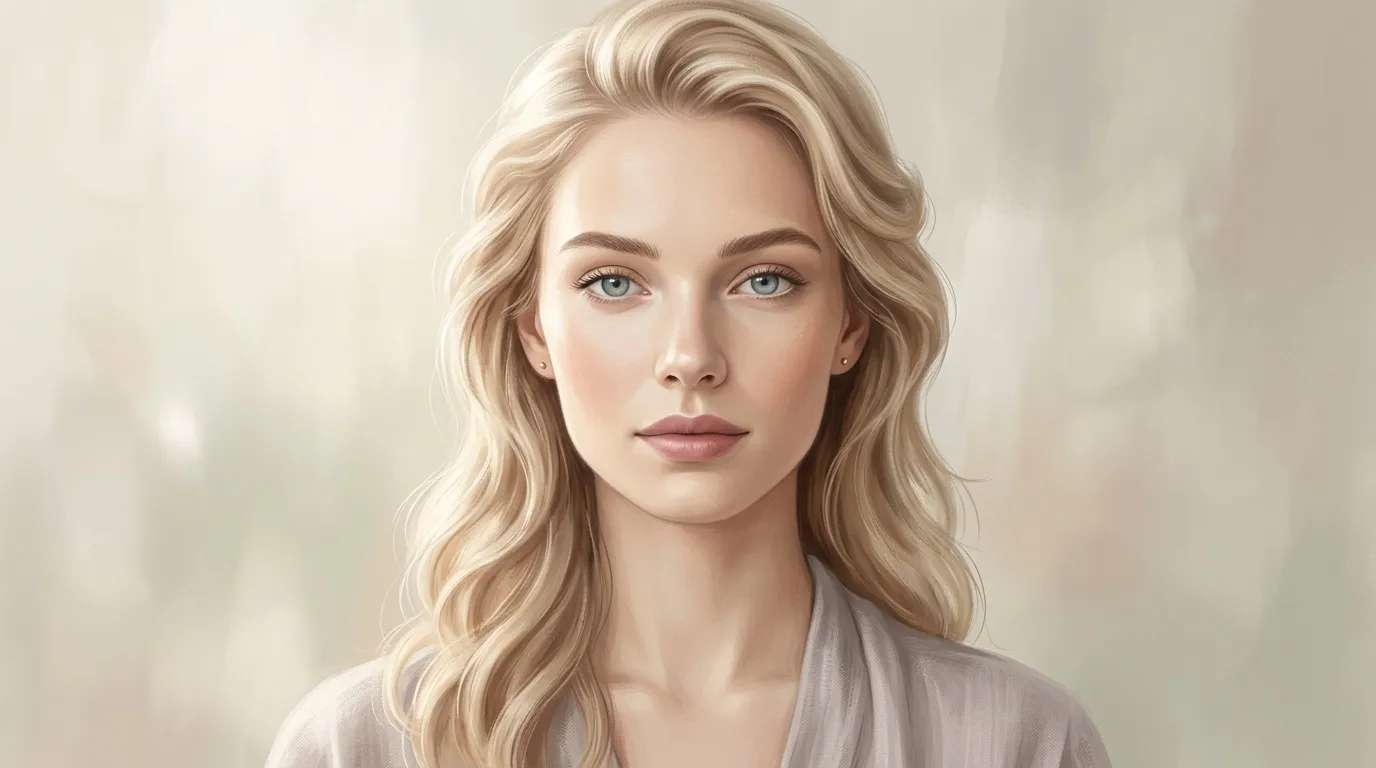 Femme blonde aux yeux bleus, regard serein et direct