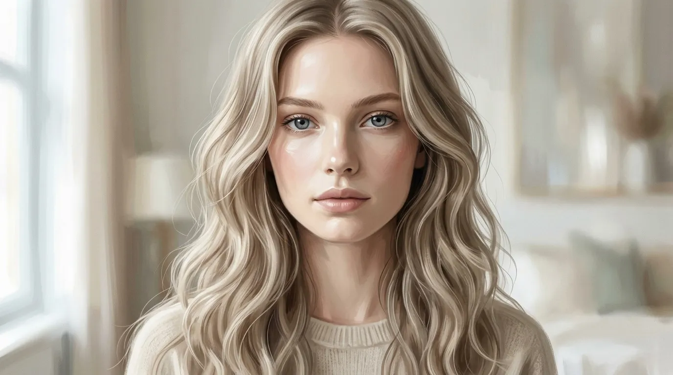 Femme blonde aux yeux bleus, cheveux ondul&eacute;s, pull beige