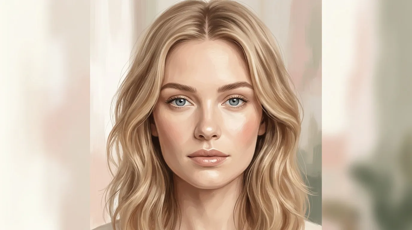 Femme aux cheveux blonds ondulés et yeux bleus clairs
