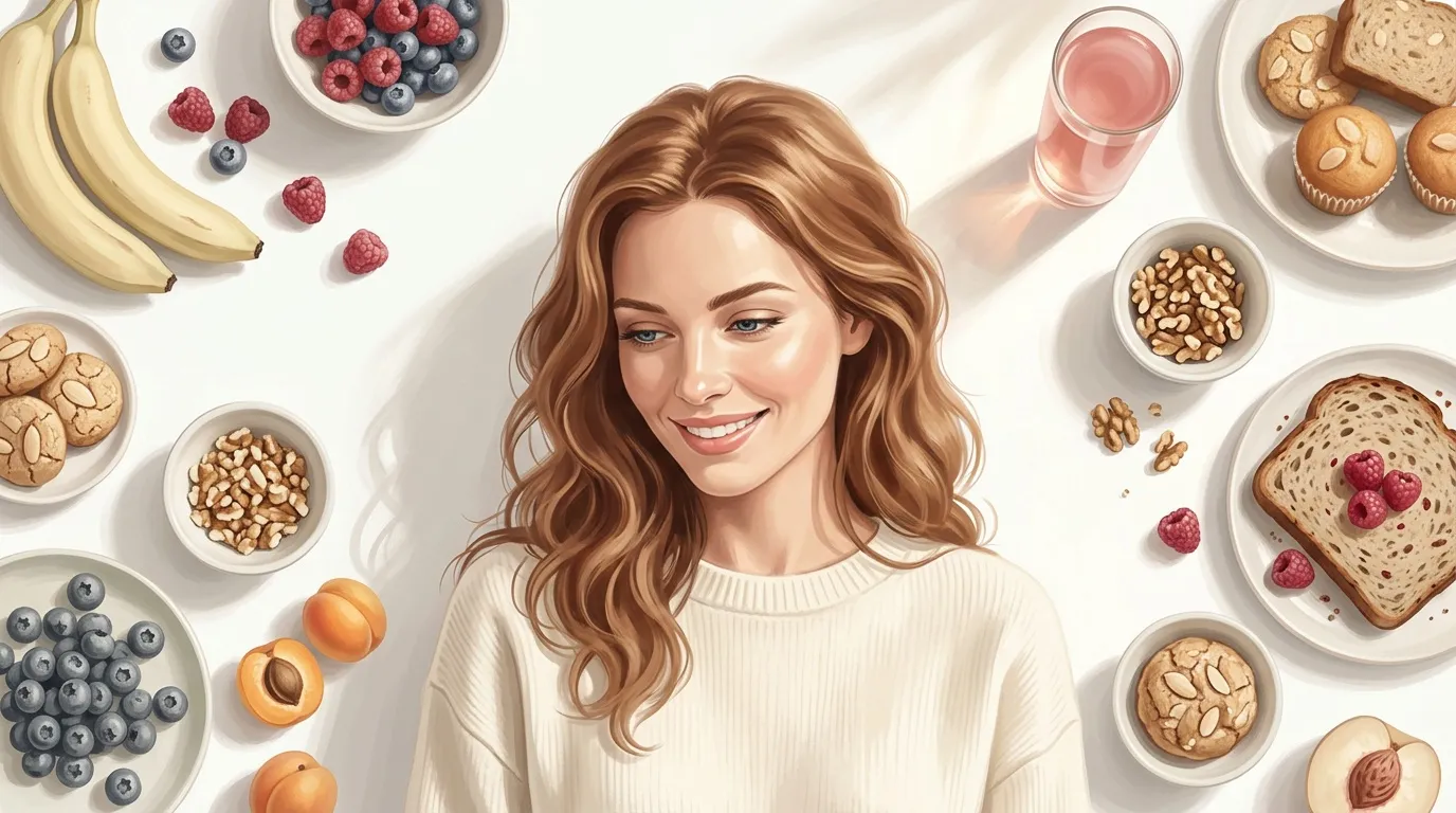 Femme brune souriante entourée de fruits, noix et aliments nutritifs