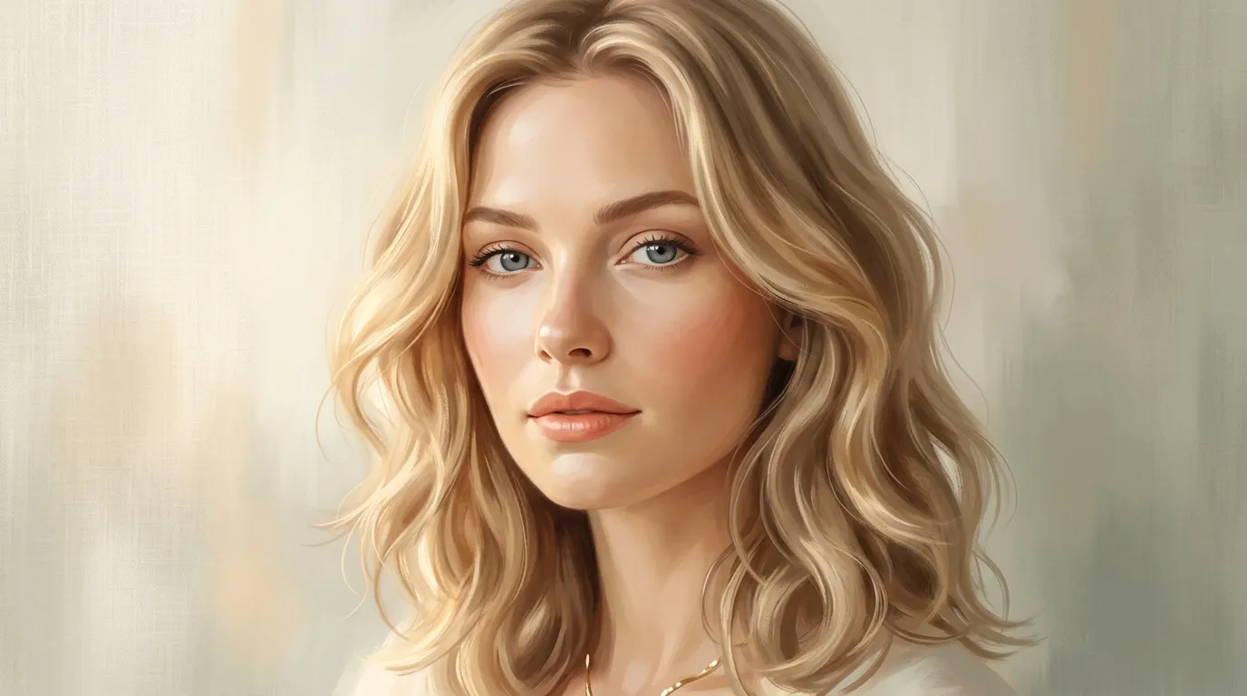 Femme aux cheveux blonds ondulés, regard pensif, fond neutre clair