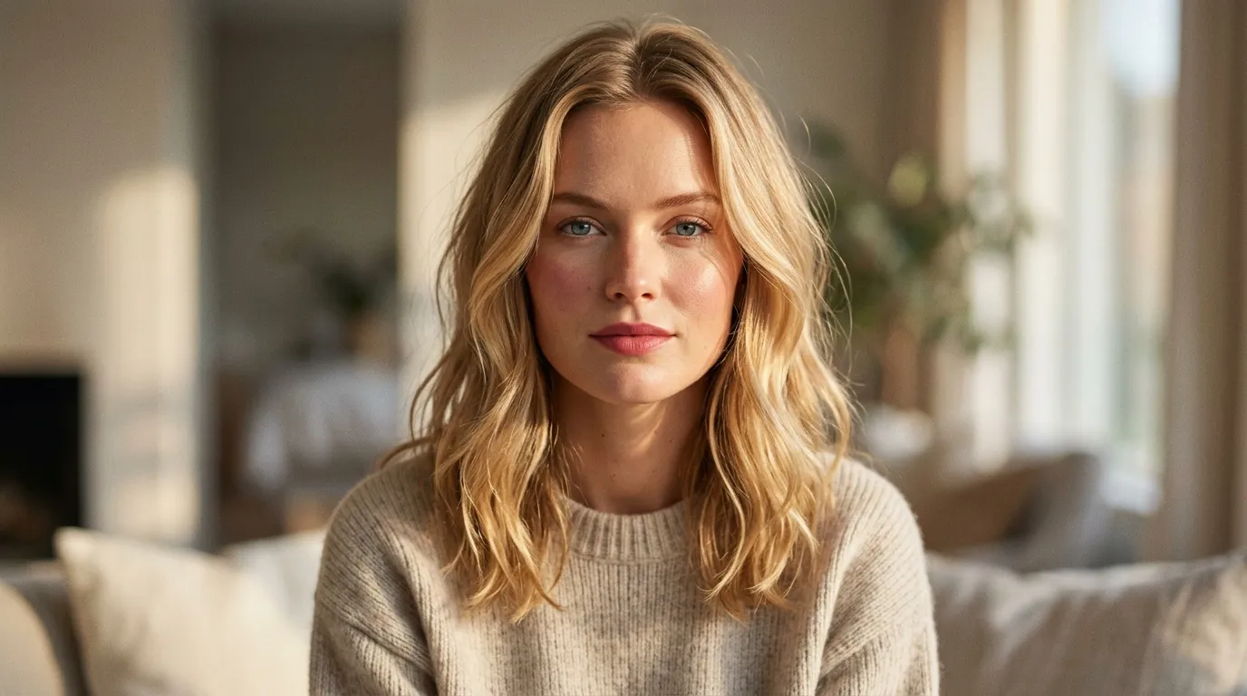 Femme blonde aux yeux bleus portant un pull beige