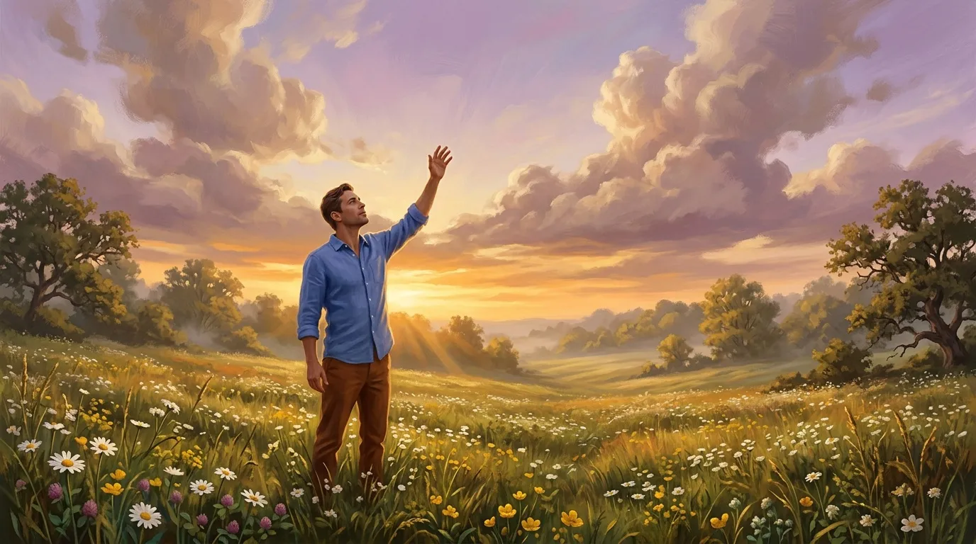 Homme levant la main vers le ciel dans un champ floral