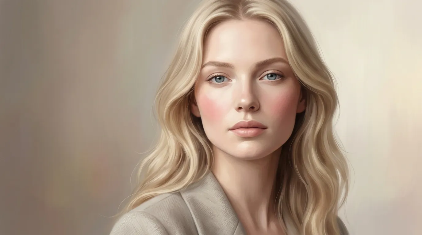 Femme blonde aux yeux bleus, portrait serein et minimaliste
