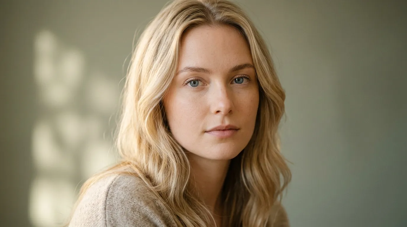 Femme blonde aux yeux bleus, regard pensif, fond neutre