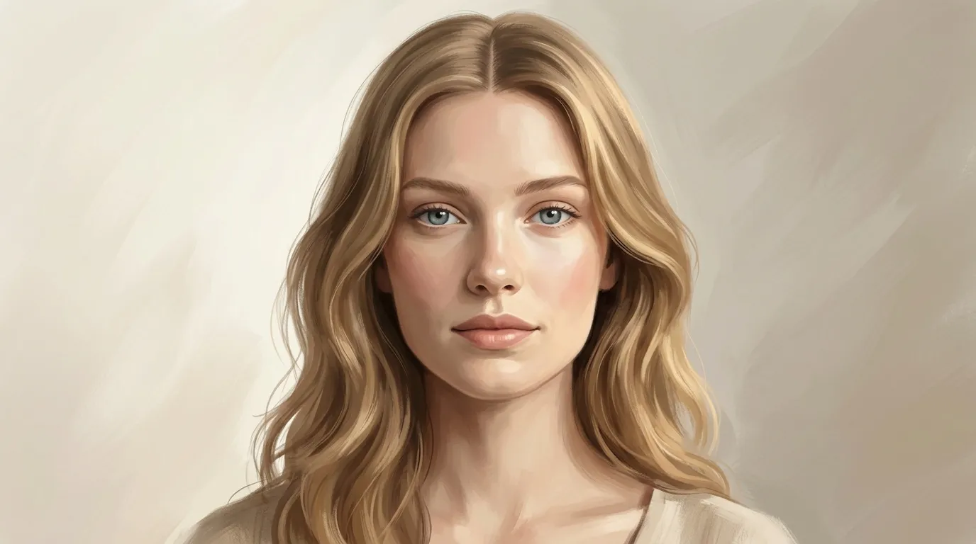 Femme aux cheveux blonds ondulés, yeux bleus clairs, fond neutre