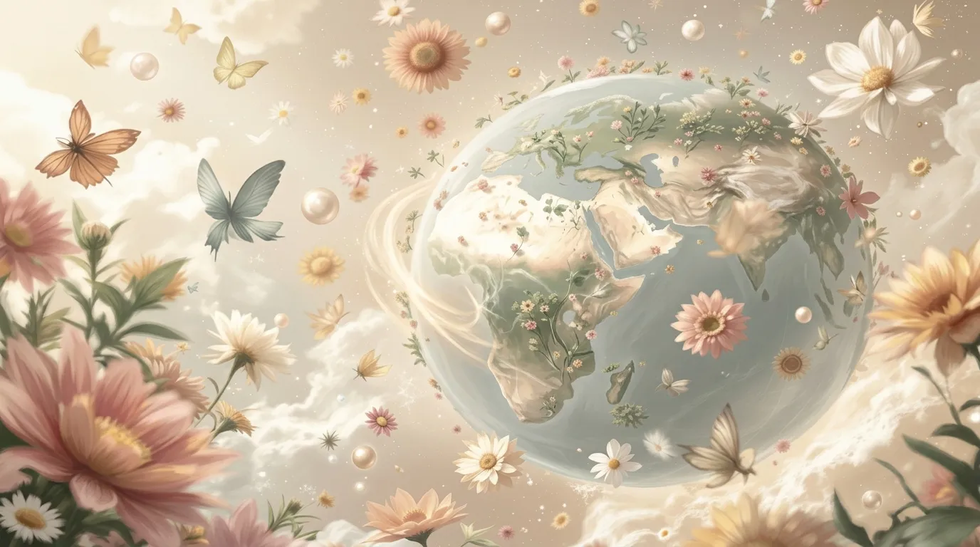 Globe terrestre entour&eacute; de fleurs color&eacute;es et papillons flottants