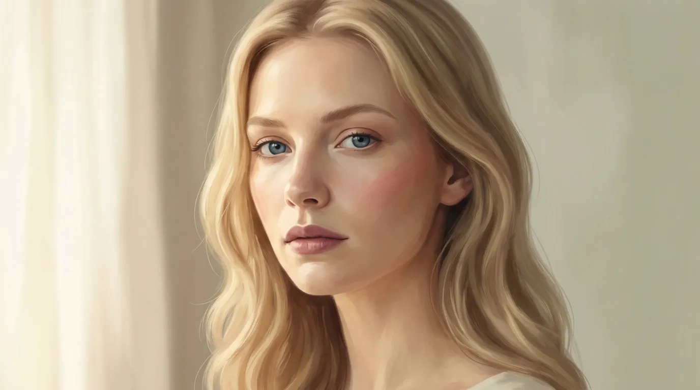 Femme blonde aux yeux bleus, regard pensif, portrait d&eacute;licat