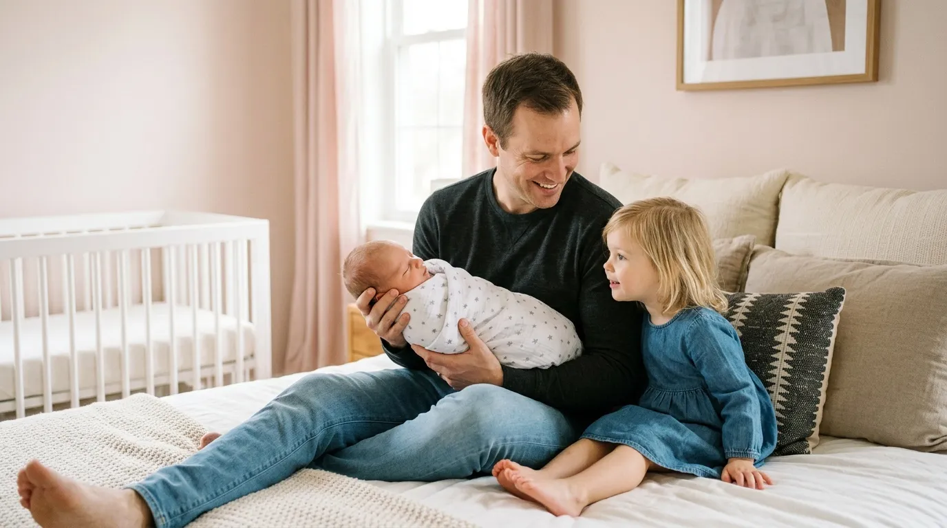 Un p&egrave;re sourit en tenant son b&eacute;b&eacute; nouveau-n&eacute; avec sa fille &agrave; c&ocirc;t&eacute; sur un lit