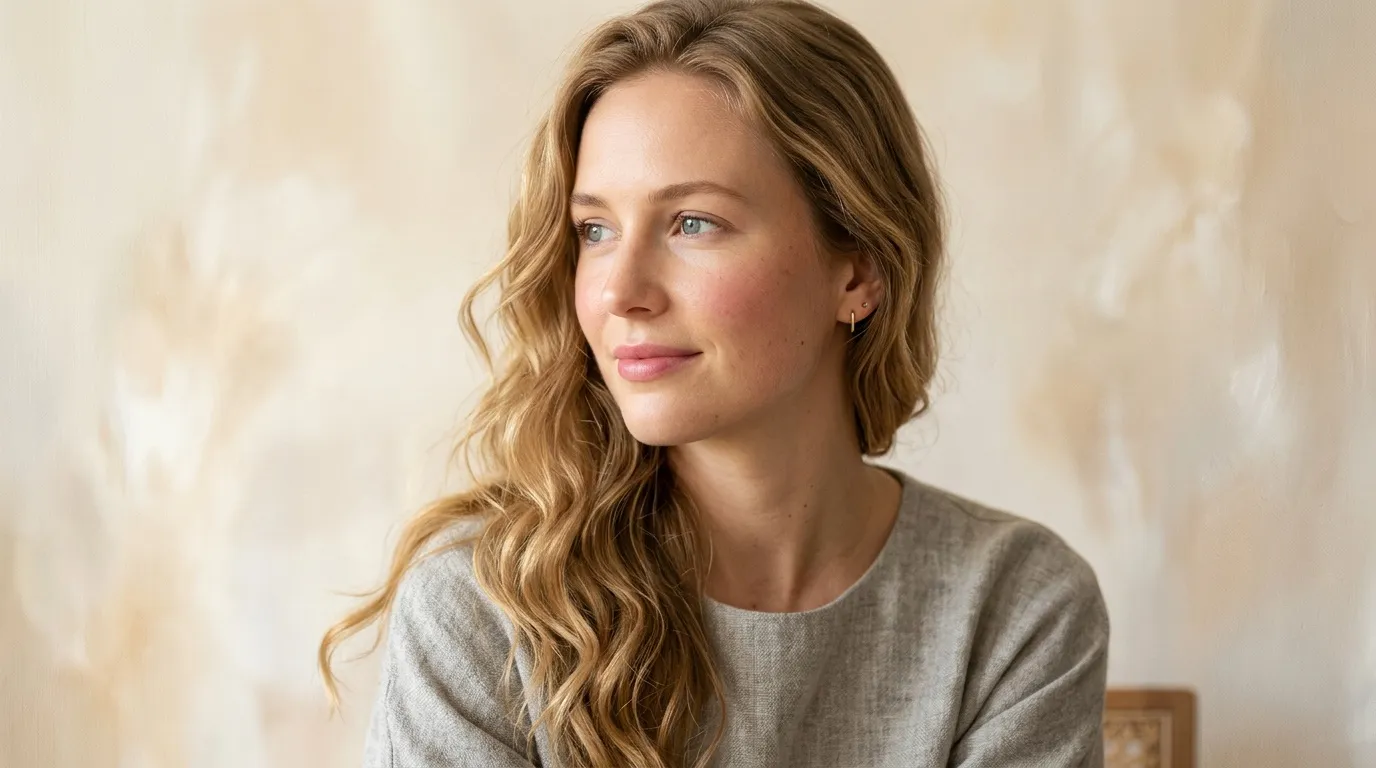 Femme aux cheveux blonds ondul&eacute;s portant un chemisier gris clair