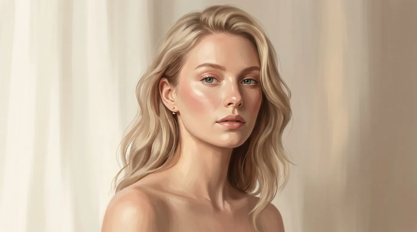 Femme blonde aux yeux clairs, fond neutre beige clair