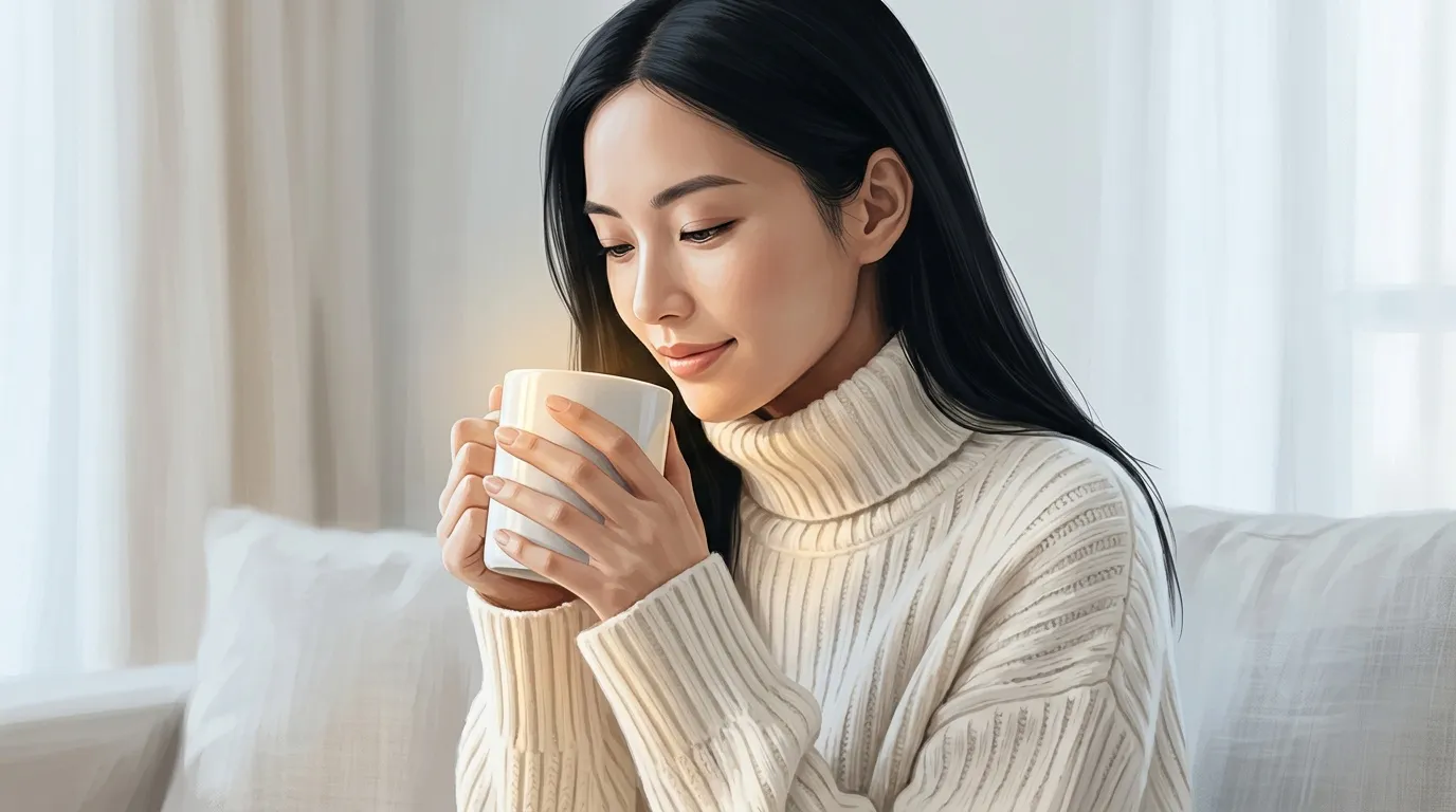 Femme en pull cr&egrave;me buvant une tasse de caf&eacute; pr&egrave;s d'une fen&ecirc;tre