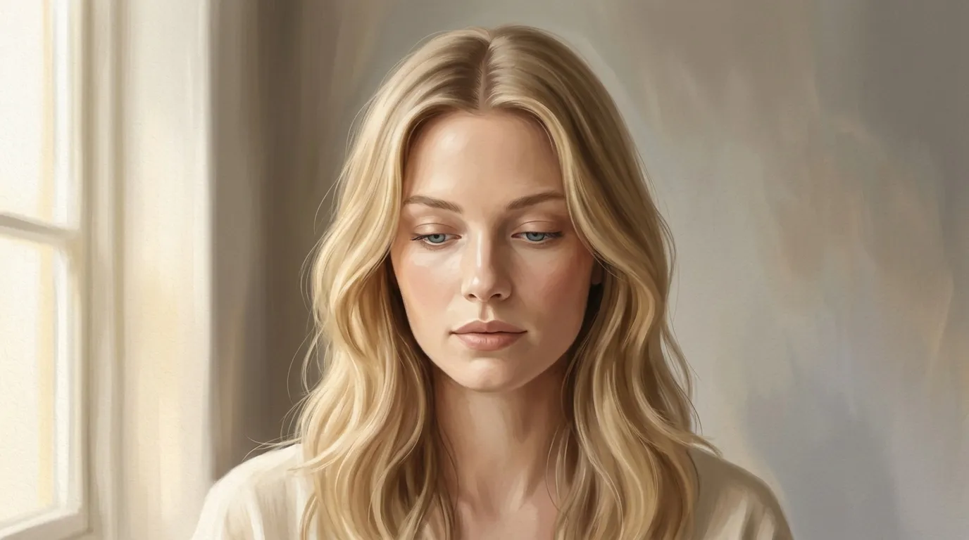 Femme aux cheveux blonds ondul&eacute;s, regard pensif baiss&eacute;
