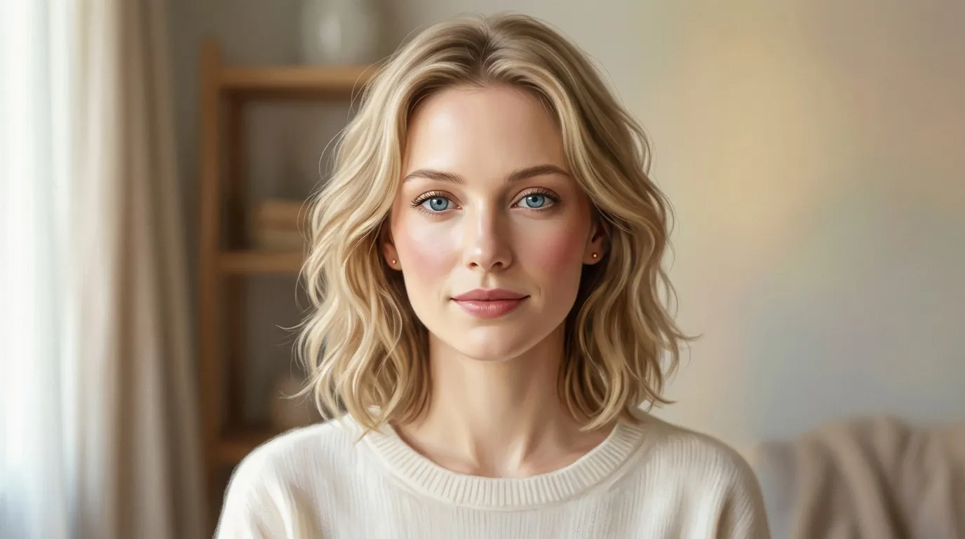 Femme blonde souriante portant un pull blanc crème