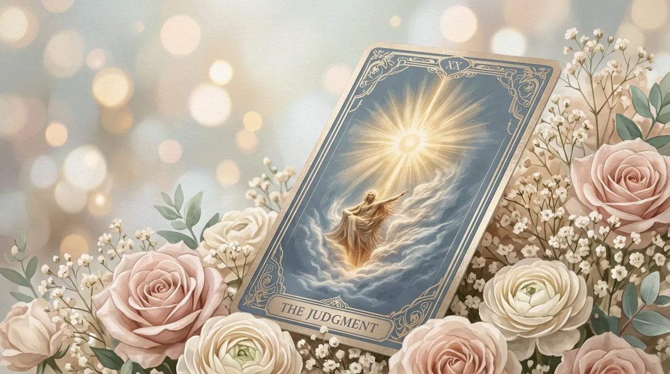 Carte de tarot Le Jugement entour&eacute;e de fleurs roses et blanches