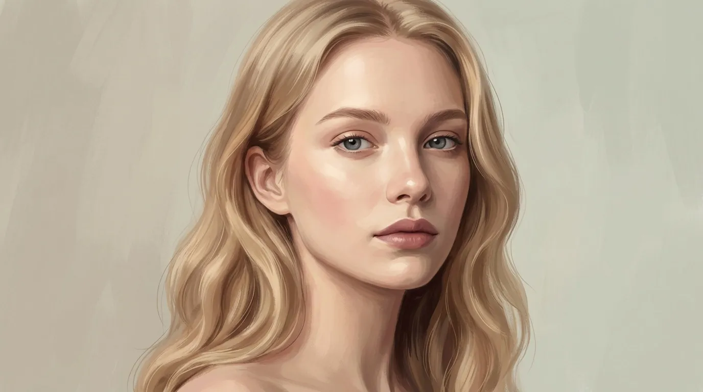 Femme aux cheveux blonds ondul&eacute;s, regard serein, fond neutre