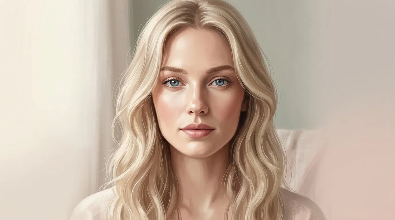 Femme aux cheveux blonds ondulés, yeux bleus, expression calme et douce