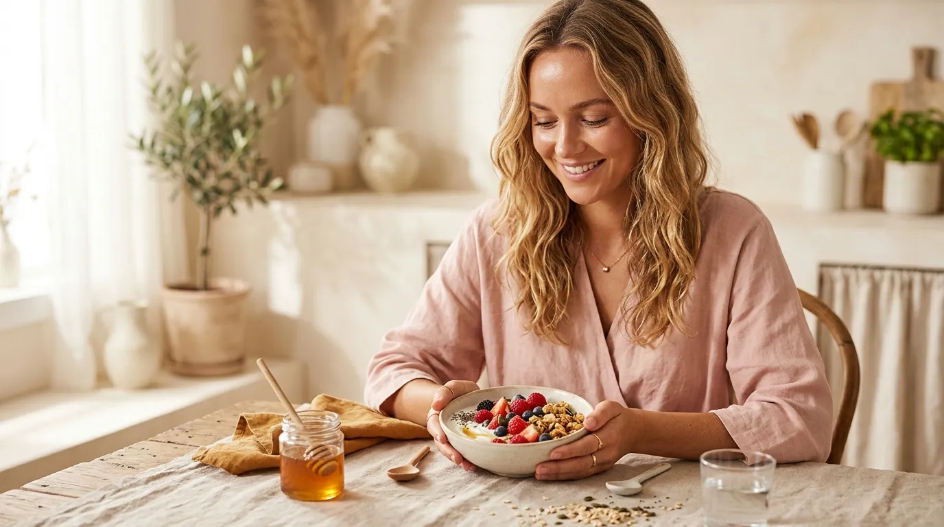 Femme souriante dégustant un bol de céréales avec fruits frais
