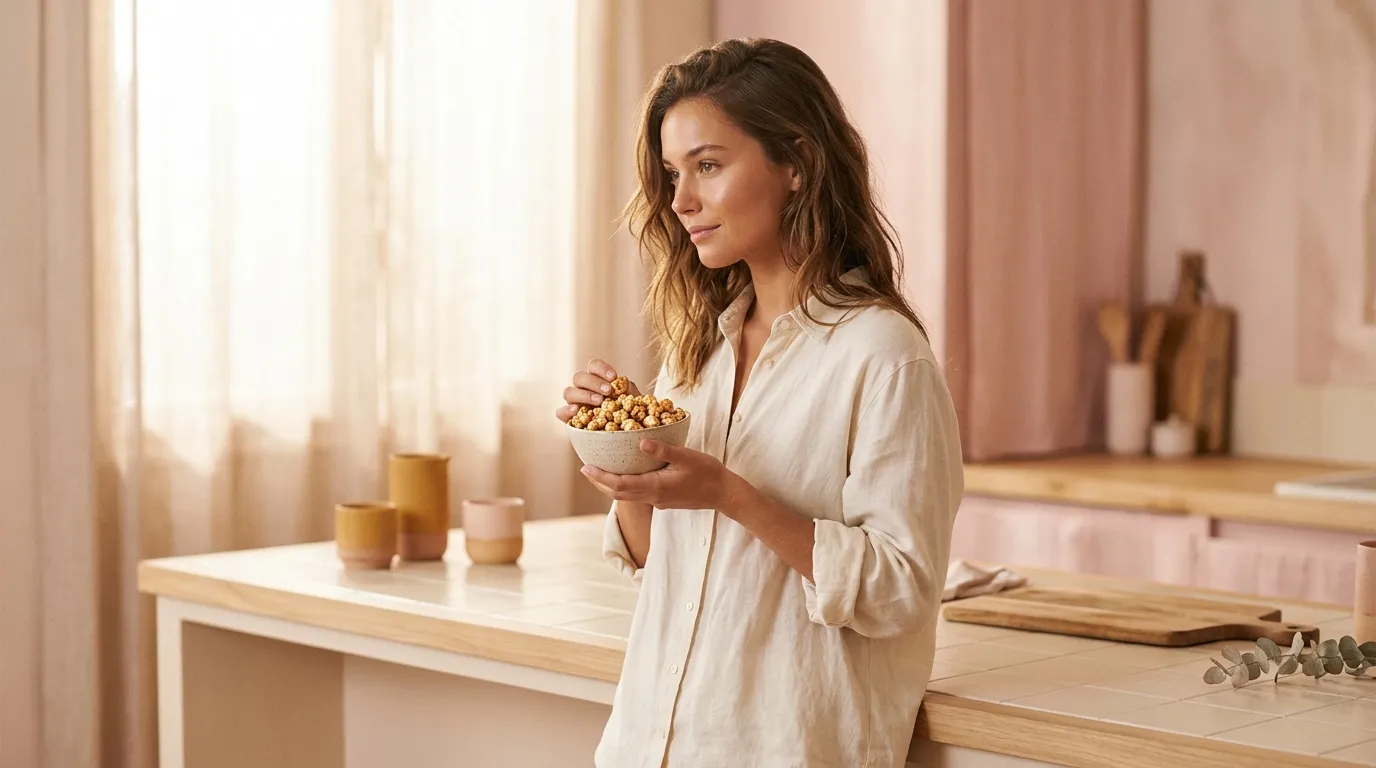 Femme tenant un bol de céréales dans une cuisine minimaliste