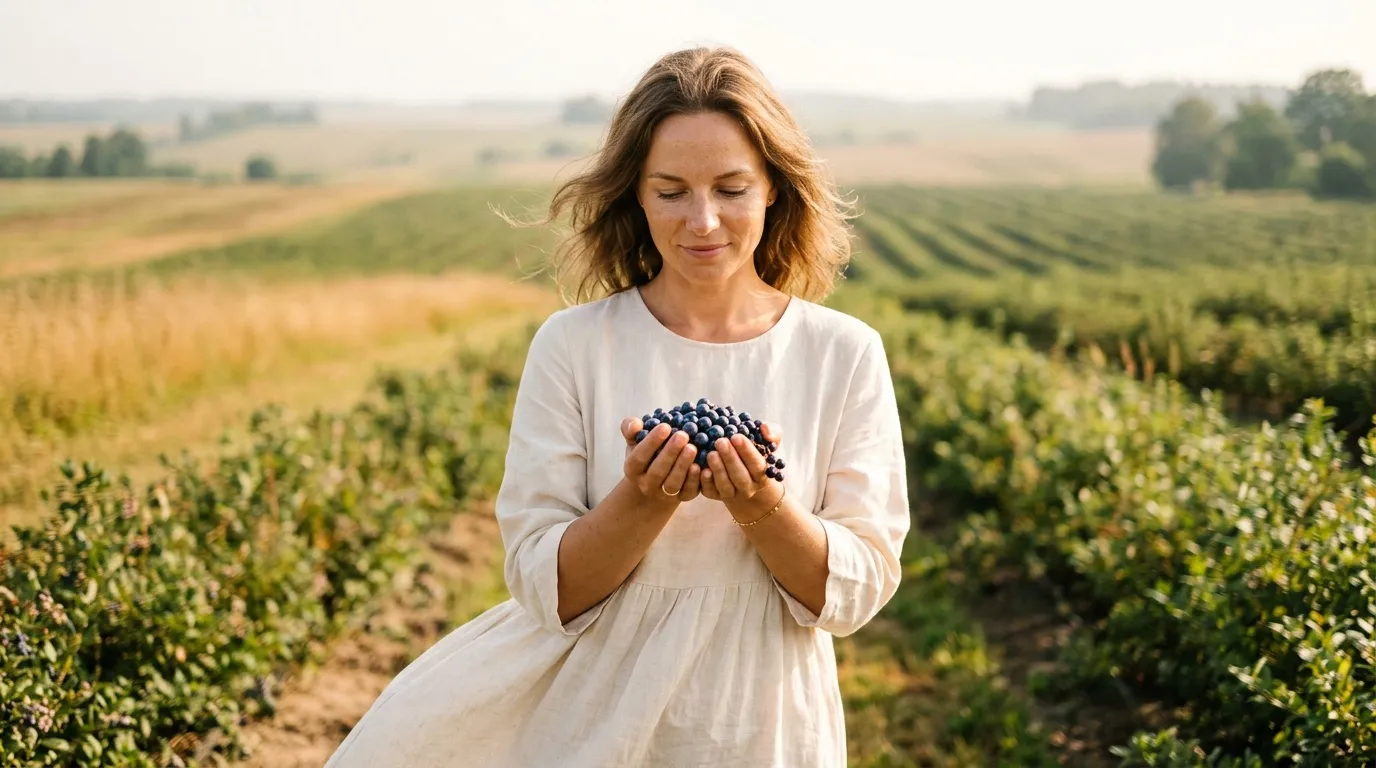 Femme tenant des myrtilles fraîches dans un champ agricole