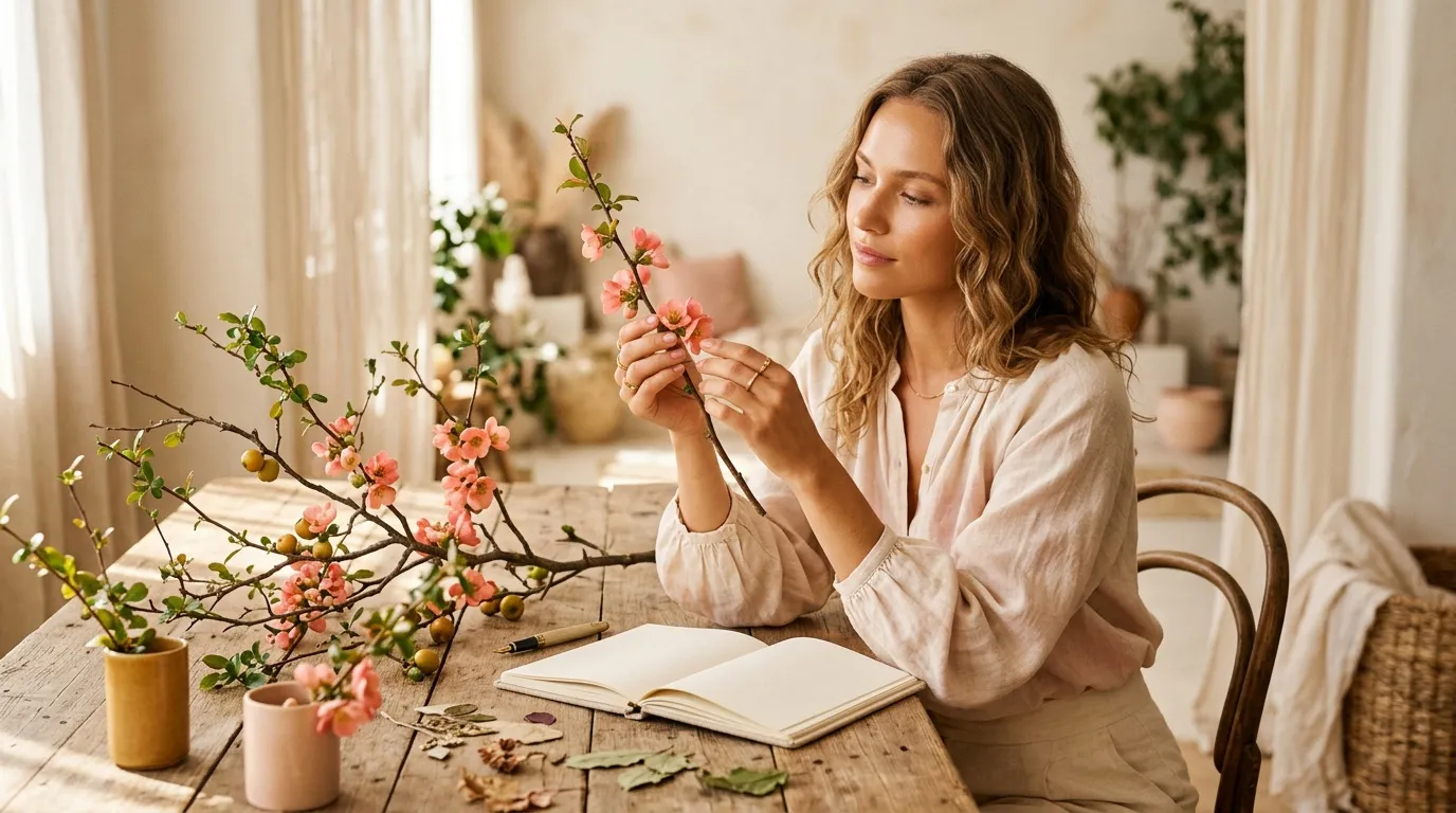 Femme en chemise beige arrange des fleurs roses près d'un carnet