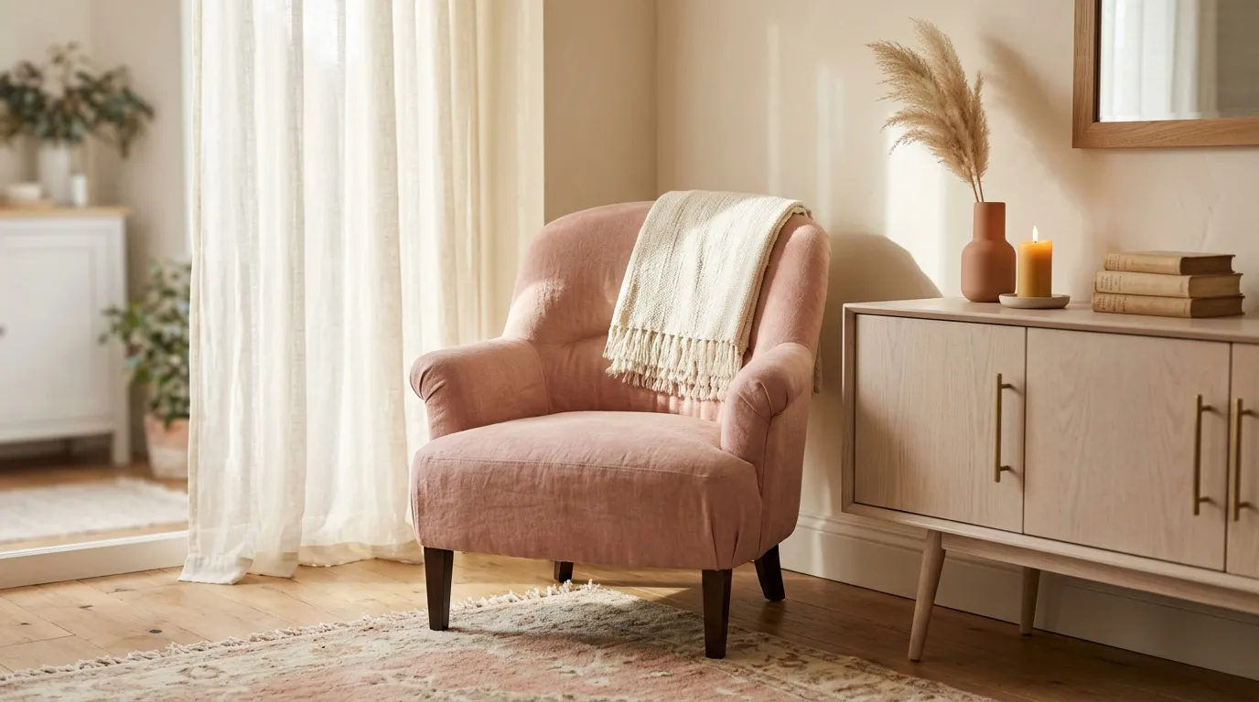 Fauteuil rose poudré dans un intérieur épuré et lumineux