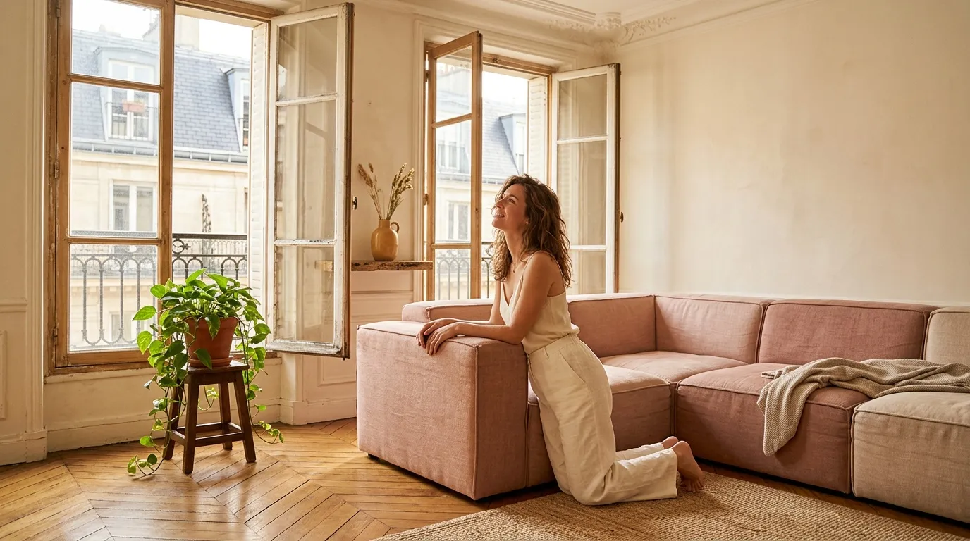 Femme assise sur canapé rose dans appartement parisien moderne