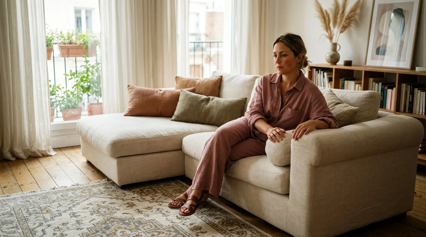 Femme assise sur canapé beige dans un salon lumineux