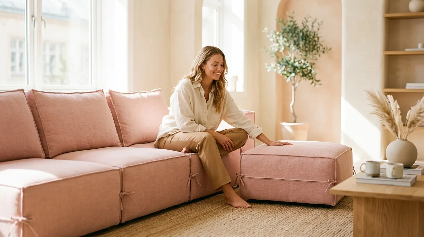 Femme souriante assise sur canapé rose dans salon ensoleillé