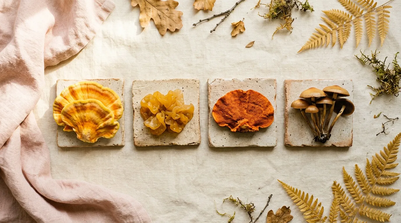 Quatre champignons séchés différents sur carreaux beige avec feuilles dorées