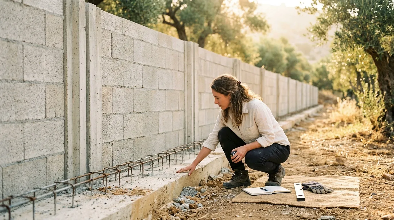 Femme inspectant une fondation béton en construction
