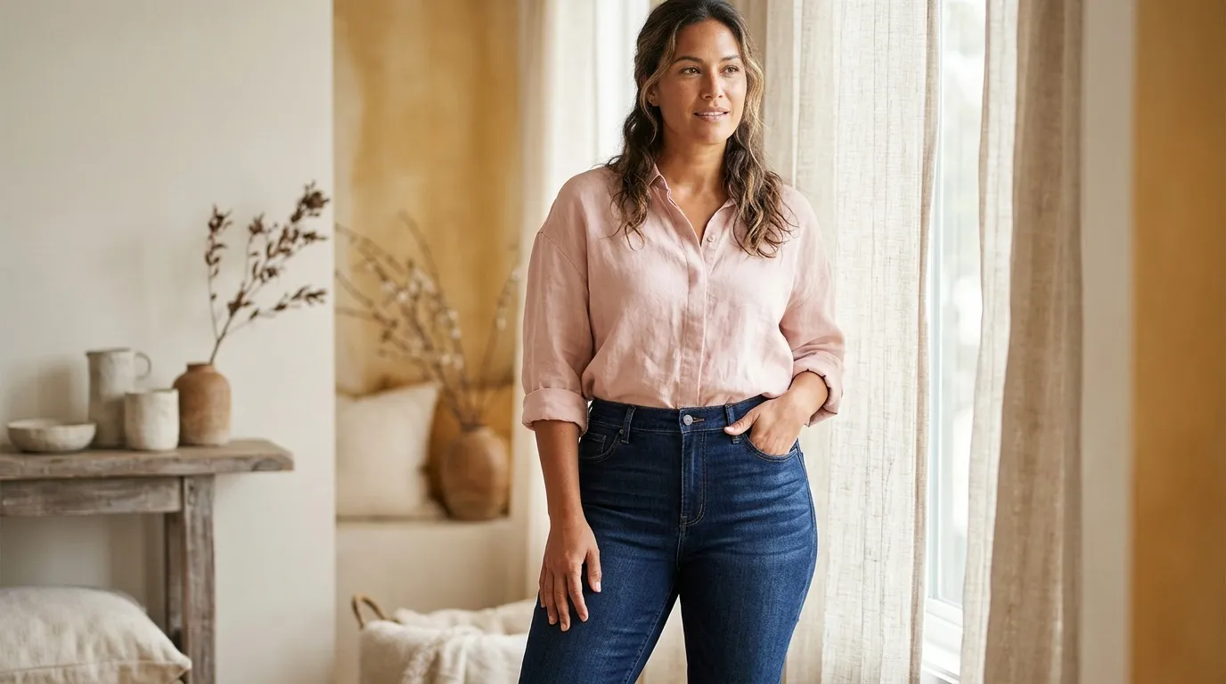 Femme souriante en chemise rose et jeans bleu fonc&eacute;