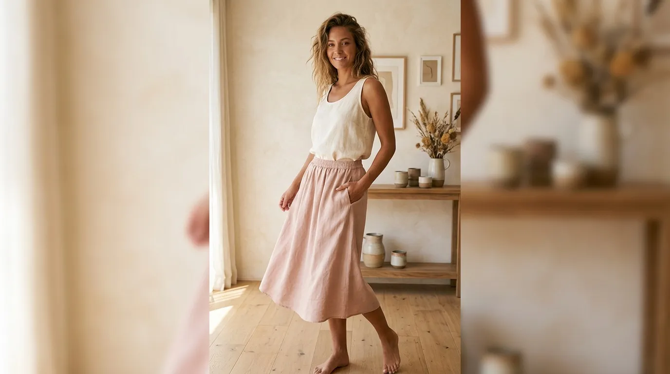 Femme souriante en tenue d&eacute;contract&eacute;e dans salon lumineux