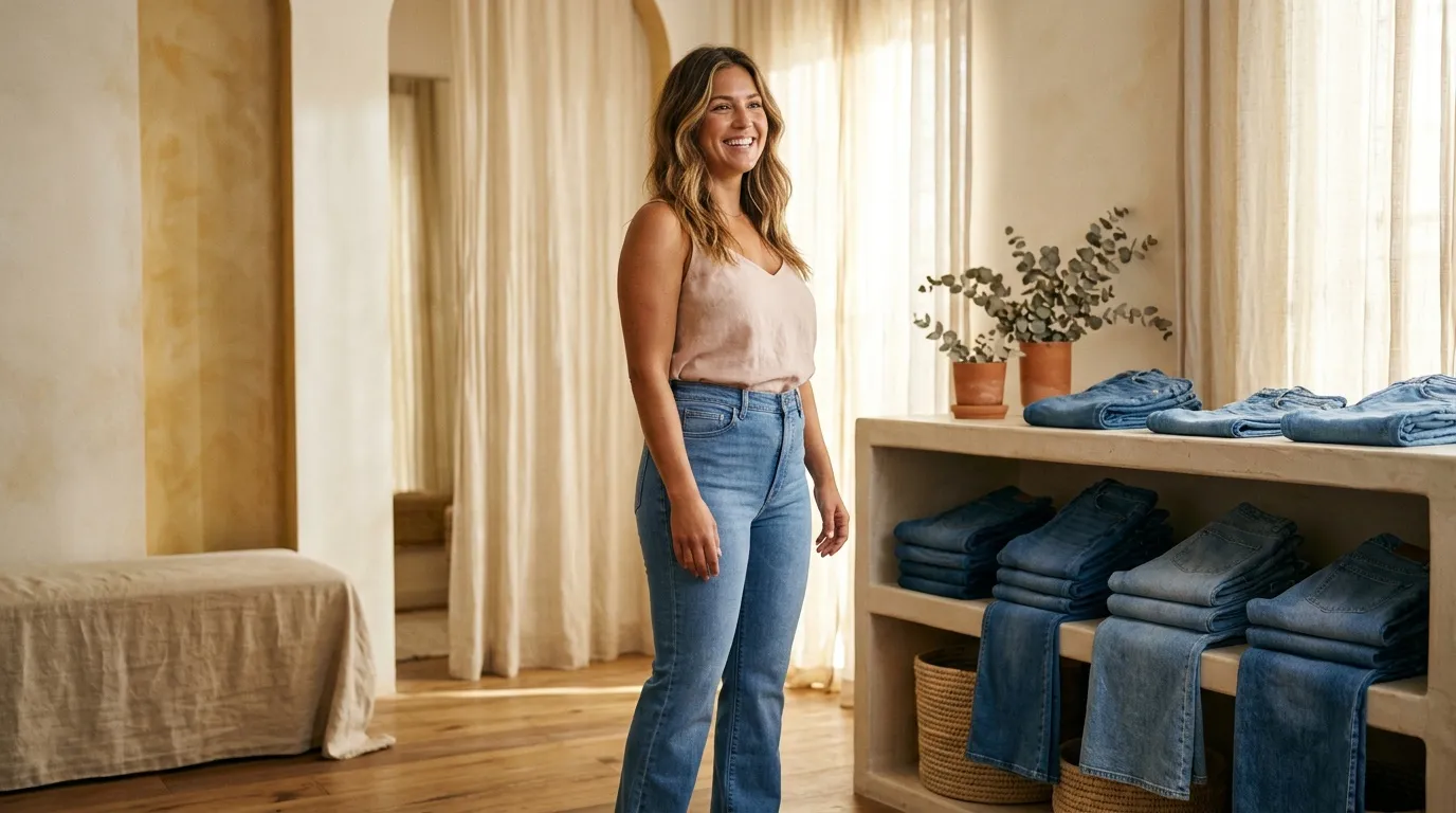 Femme souriante posant dans un magasin de v&ecirc;tements avec jeans