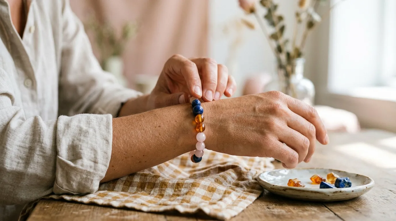 Personne enfilant des perles colorées sur un bracelet