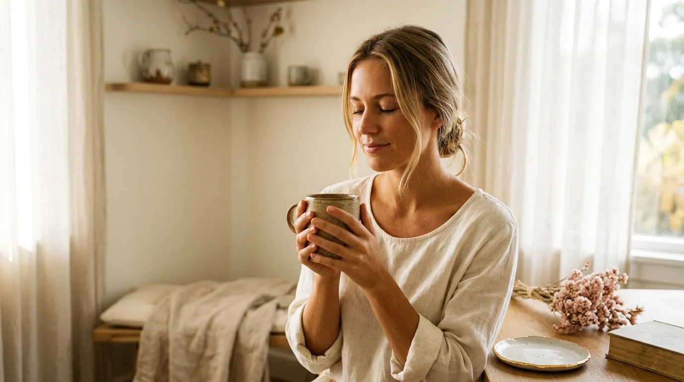 Femme souriante tenant une tasse de caf&eacute; dans une chambre lumineuse