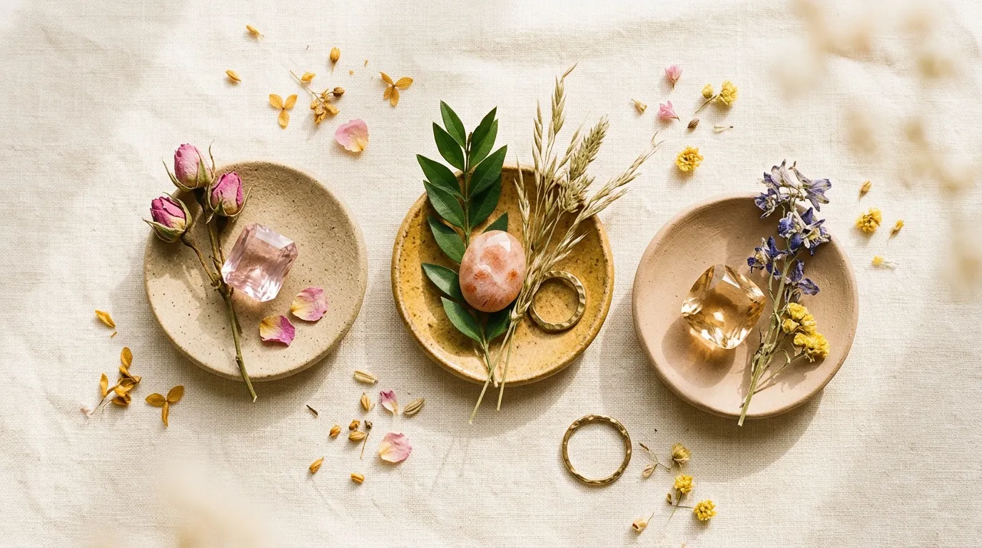 Trois assiettes avec fleurs s&eacute;ch&eacute;es, p&eacute;tales et anneaux dor&eacute;s