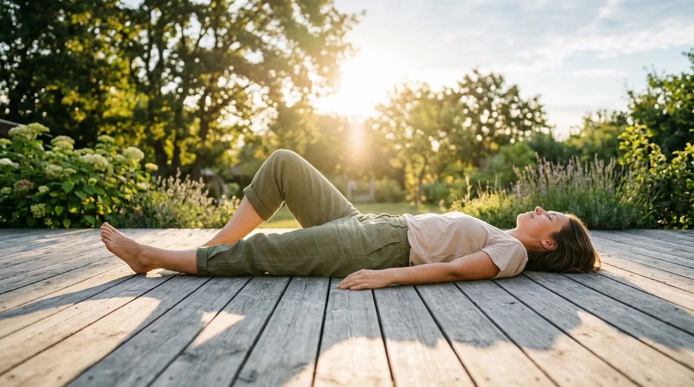 Femme allongée sur terrasse en bois, jardin verdoyant au soleil couchant