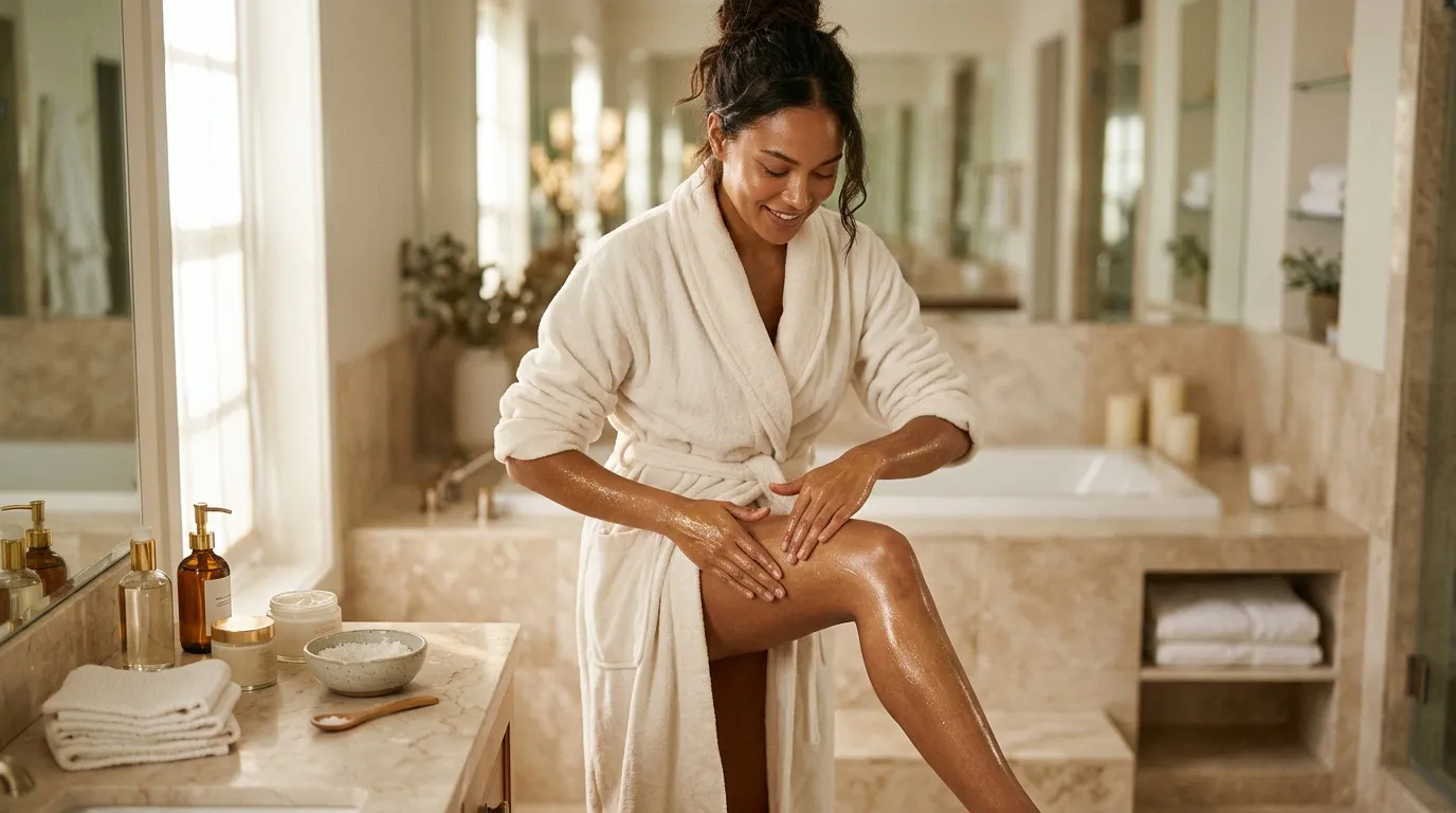 Femme appliquant une crème hydratante sur ses jambes dans une salle de bain luxueuse