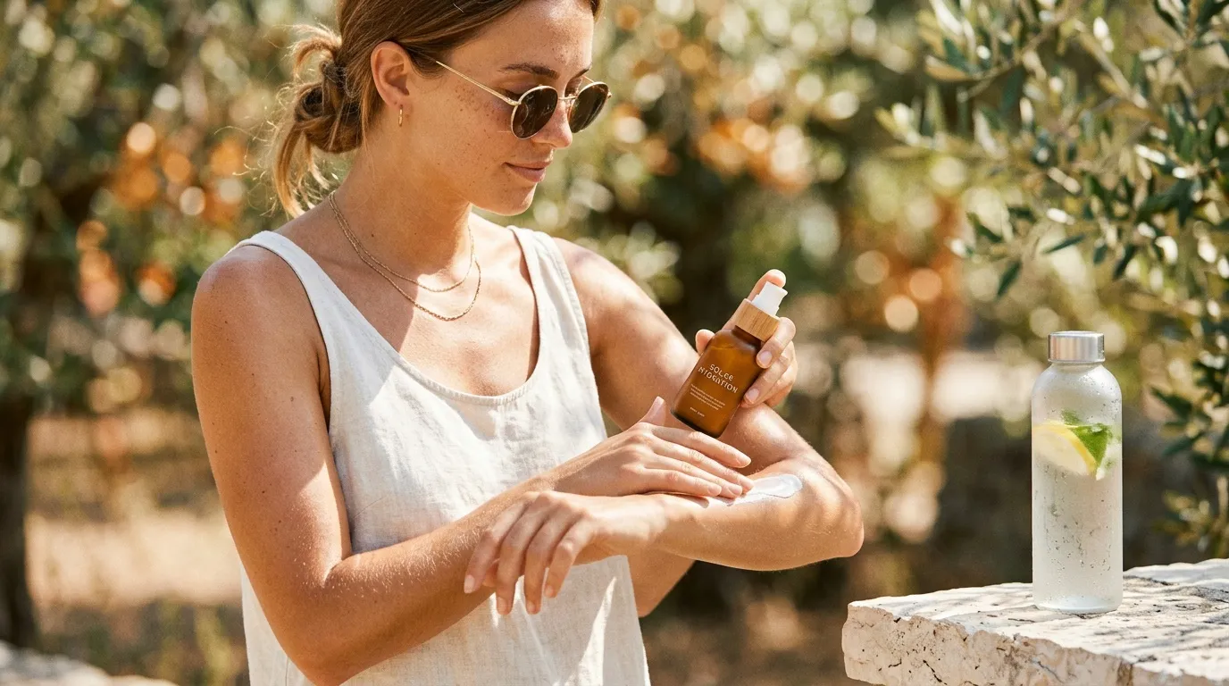 Femme appliquant un produit de soin sur son bras en plein soleil