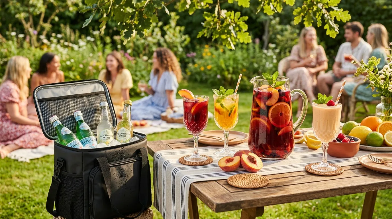 Groupe dégustant des boissons et fruits dans un jardin verdoyant