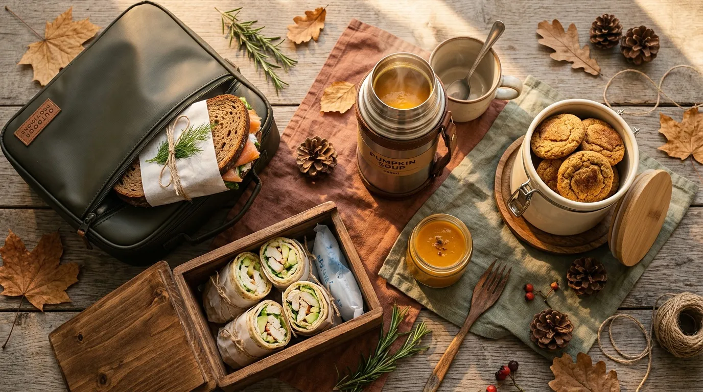 Panier pique-nique avec sandwich, cookies et miel décorés feuilles automne