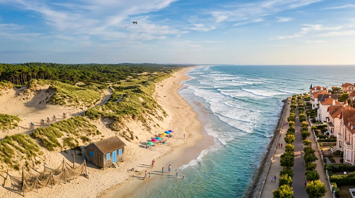 Vue aérienne d'une plage de sable fin avec dunes et villa côtière