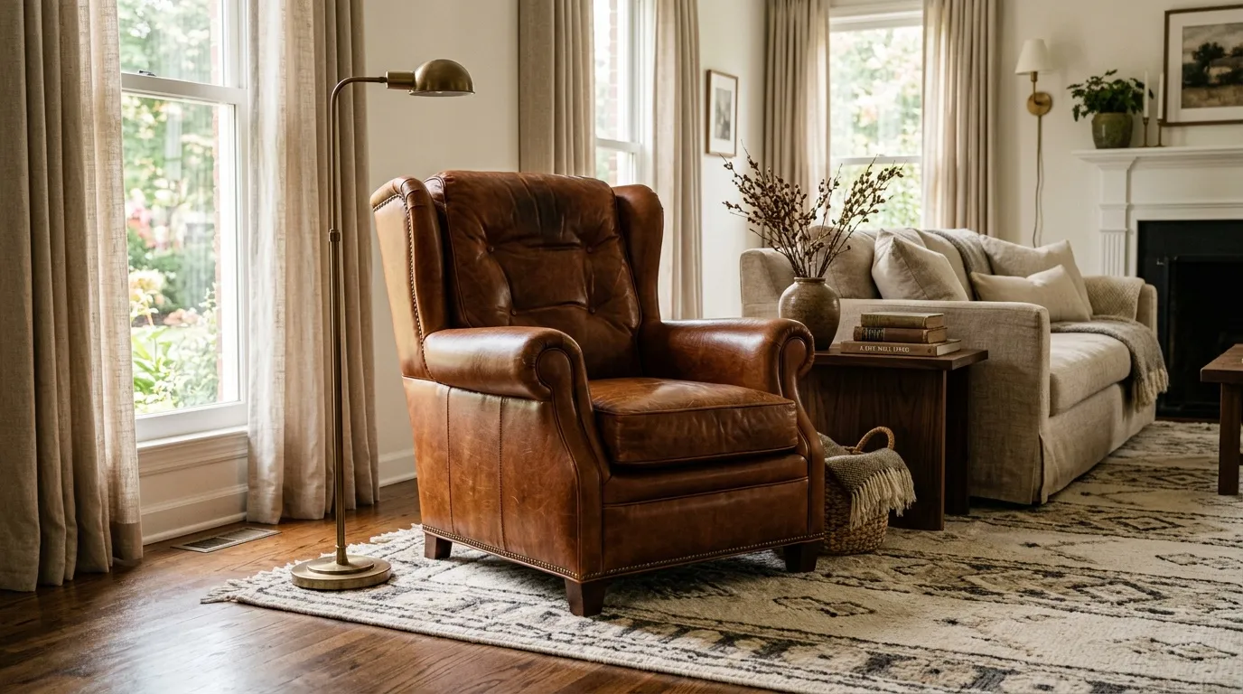 Fauteuil marron cuir dans salon lumineux classique