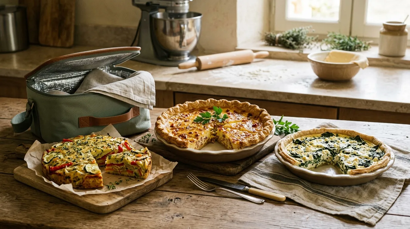 Trois quiches garnies sur table de cuisine rustique