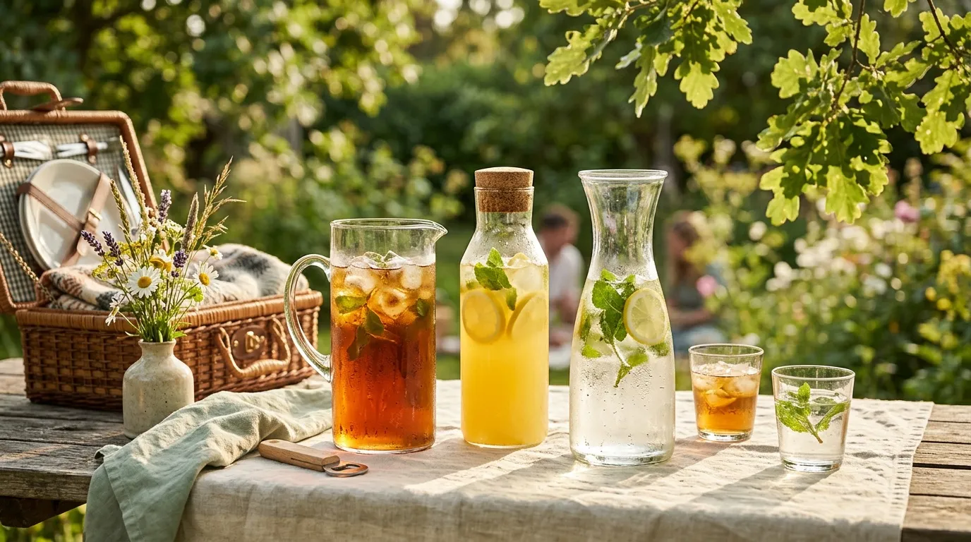 Boissons fraîches et fleurs sur table de pique-nique estivale
